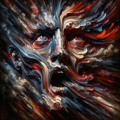 The primary subject of the image is a close-up of a person's face, with a mouth wide open. The setting is a cloudy sky, and the visual style appears to be a painting or digital art. The colors in the image are predominantly red and blue, creating a dramatic and intense atmosphere.